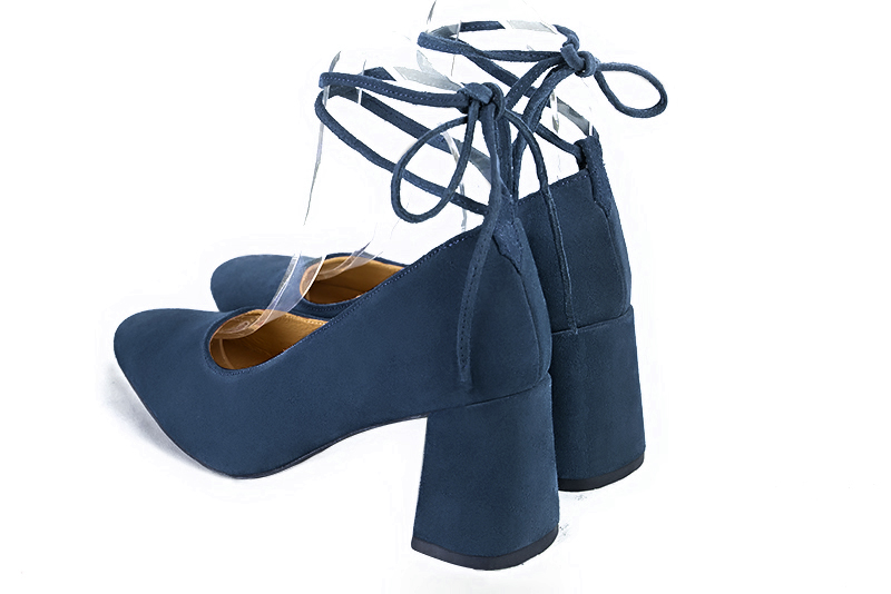 Navy blue women's dress pumps, with a round neckline. Round toe. High flare heels. Rear view - Florence KOOIJMAN